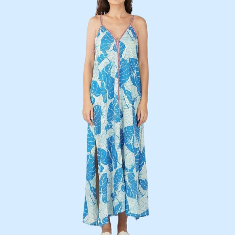 America & Beyond Blue Palm Print Embroidered Lace Detail Maxi Dress. Small. NWT!